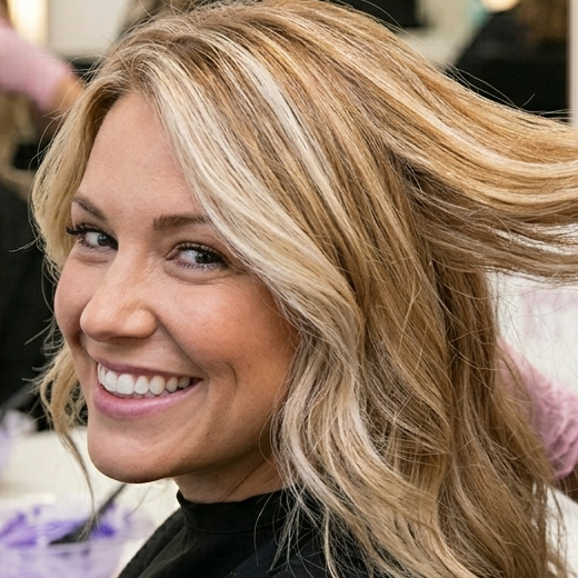 Smiling woman with long, wavy blonde hair looking back over her shoulder.